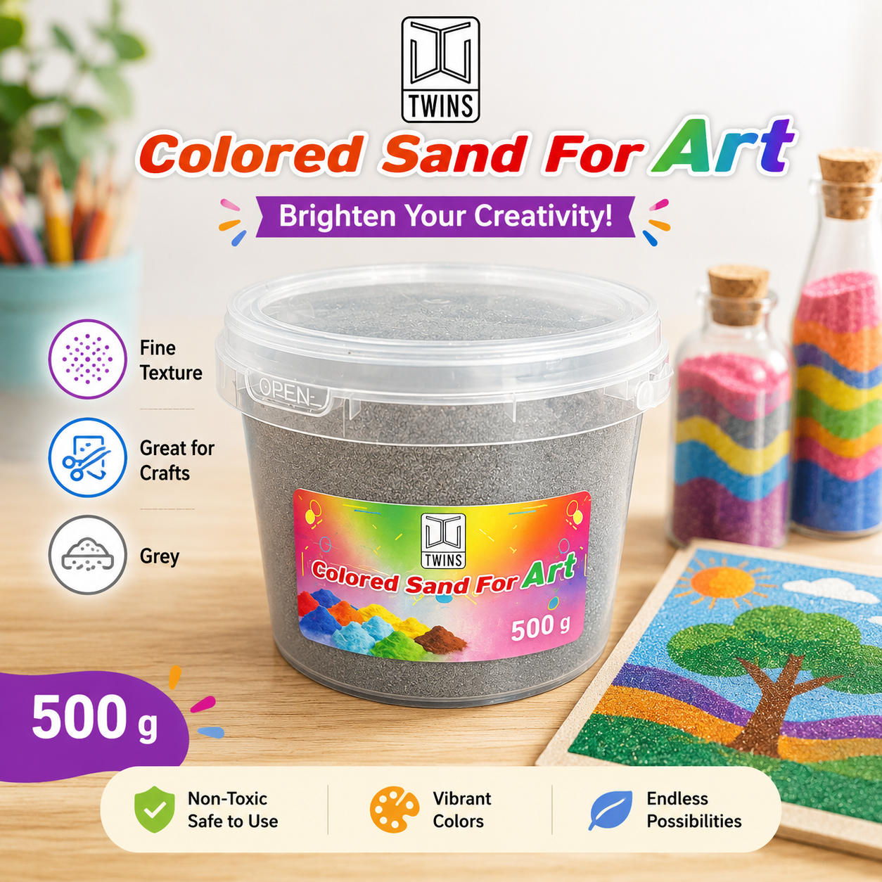 Twins Colored Sand 500g Grey || رمل ملون توينز 500 جرام رمادي