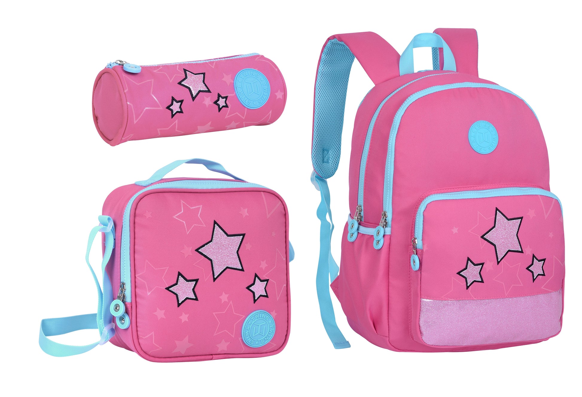 17INCH BACKPACK+LUNCH BAG+PENCIL CASE LIGHT RED TWINS || شنطة ظهر طبي 17 انش الوان فواتح 3 قطع TWINS