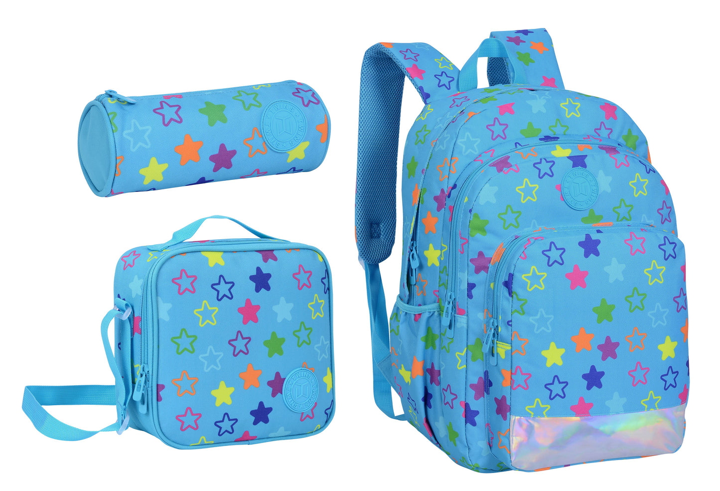 18INCH BACKPACK+LUNCH BAG+PENCIL CASE STARS LIGHT BLUE TWINS || شنطة ظهر طبي 18 انش نجوم 3 قطع TWINS
