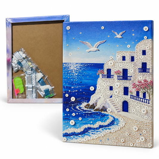 DIY Rhinestone Canvas Activity 30 x 40 cm - White Coastal Village || نشاط تزيين كانفاس بالأحجار اللامعة 30 × 40 سم - قرية ساحلية بيضاء