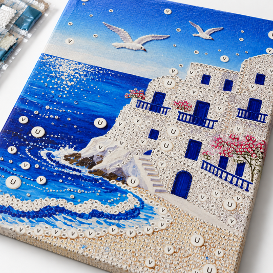DIY Rhinestone Canvas Activity 30 x 40 cm - White Coastal Village || تزيين كانفاس بالكريستال 30 × 40 سم - قرية ساحلية بيضاء