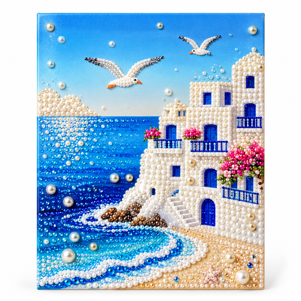 DIY Rhinestone Canvas Activity 30 x 40 cm - White Coastal Village || نشاط تزيين كانفاس بالأحجار اللامعة 30 × 40 سم - قرية ساحلية بيضاء - Completed design example