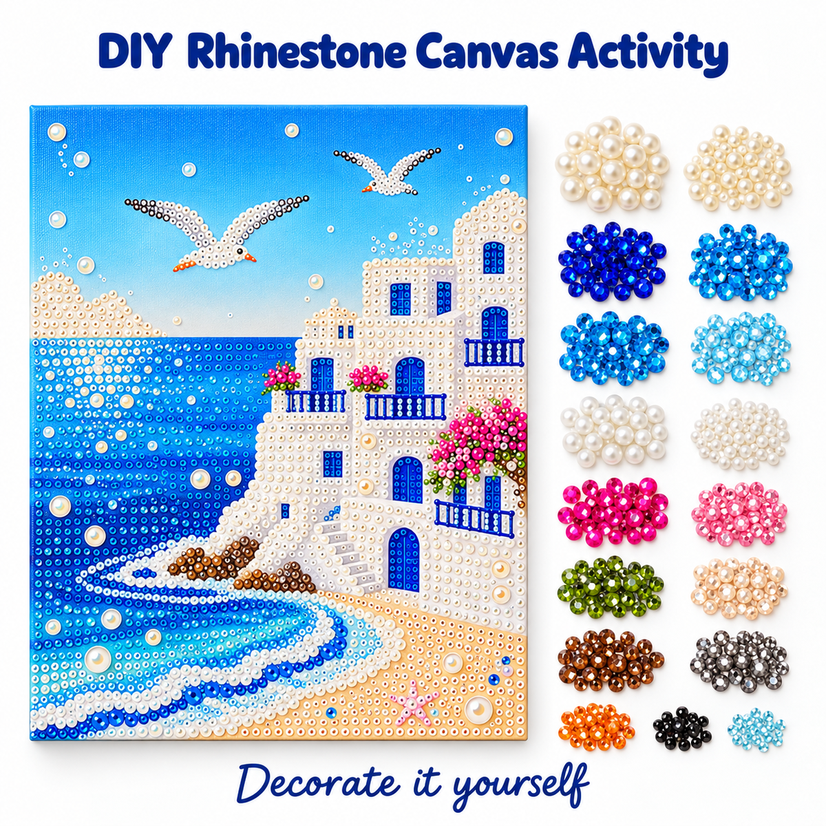 DIY Rhinestone Canvas Activity 30 x 40 cm - White Coastal Village || نشاط تزيين كانفاس بالأحجار اللامعة 30 × 40 سم - قرية ساحلية بيضاء