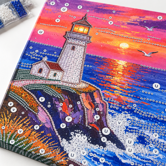 DIY Rhinestone Canvas Activity 30 x 40 cm - Sunset Lighthouse || تزيين كانفاس بالكريستال 30 × 40 سم - منارة عند الغروب