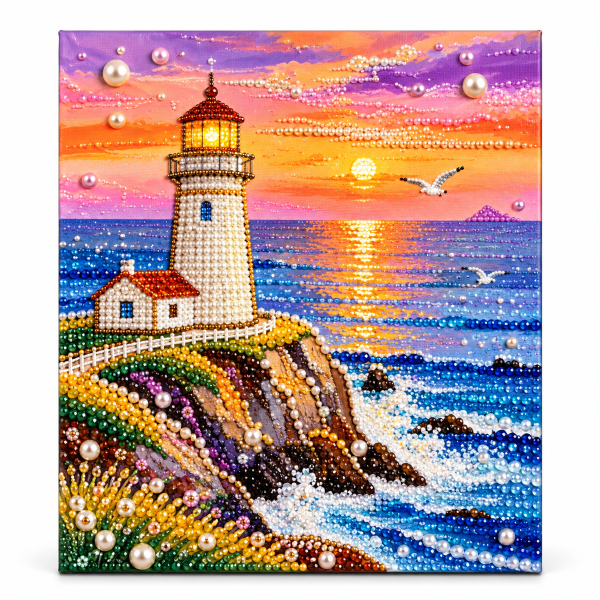 DIY Rhinestone Canvas Activity 30 x 40 cm - Sunset Lighthouse || نشاط تزيين كانفاس بالأحجار اللامعة 30 × 40 سم - منارة عند الغروب - Completed design example
