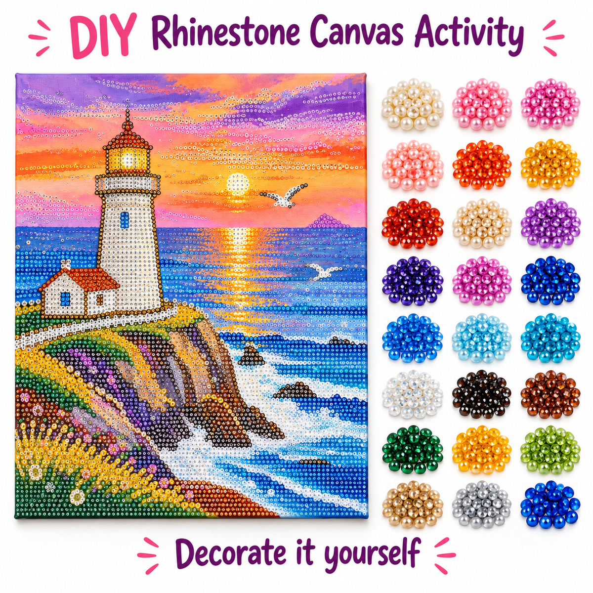 DIY Rhinestone Canvas Activity 30 x 40 cm - Sunset Lighthouse || نشاط تزيين كانفاس بالأحجار اللامعة 30 × 40 سم - منارة عند الغروب