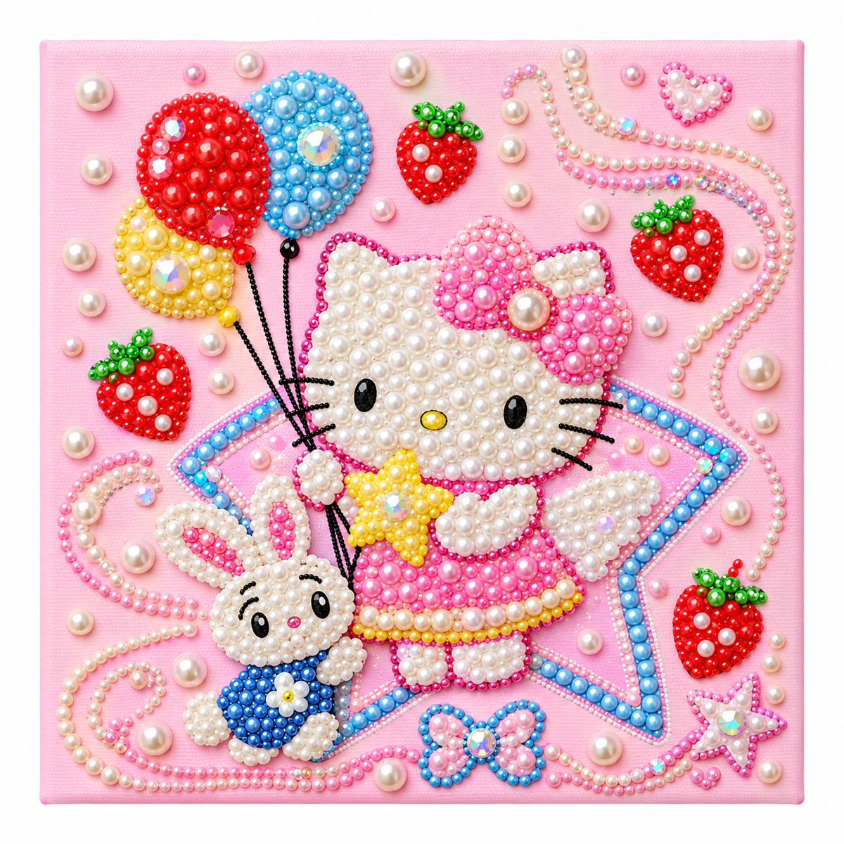 DIY Rhinestone Canvas Activity 25 x 25 cm - Hello Kitty with Balloons || نشاط تزيين كانفاس بالأحجار اللامعة 25 × 25 سم - هالو كيتي مع بالونات - Completed design example