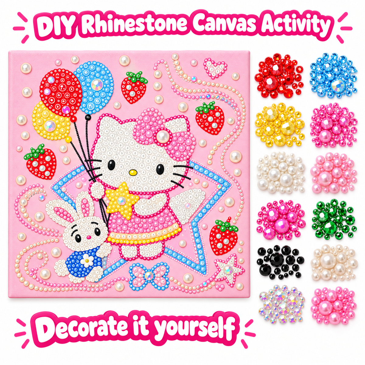 DIY Rhinestone Canvas Activity 25 x 25 cm - Hello Kitty with Balloons || نشاط تزيين كانفاس بالأحجار اللامعة 25 × 25 سم - هالو كيتي مع بالونات