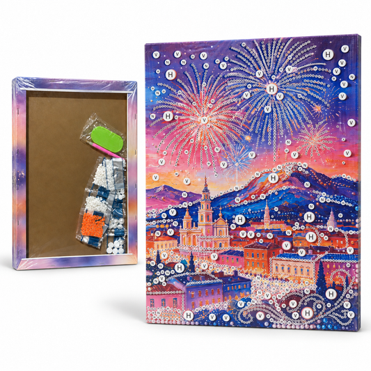 DIY Rhinestone Canvas Activity 30 x 40 cm - City Fireworks || تزيين كانفاس بالكريستال 30 × 40 سم - ألعاب نارية فوق المدينة