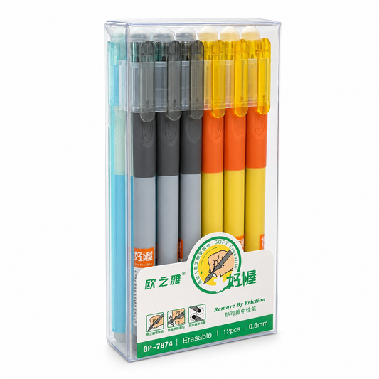A&T Offer Pack Erasable Pens Rubber Grip 0.5 Tip Blue 12 Pcs || باكيت اقلام حبر ازرق مع ربل ماسحة 12 حبة راس 0.5