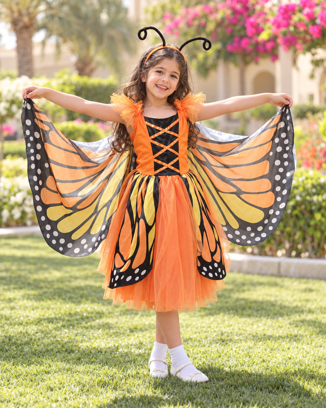 لبس أطفال فستان الفراشة البرتقالي مع أجنحة وطوق رأس – مقاس S