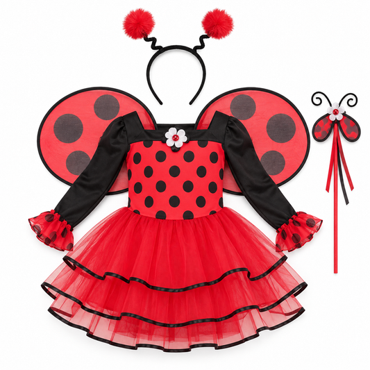 Ladybird Dress with Wings, Headband and Wand Kids Costume – Size S || لبس أطفال فستان الدعسوقة مع أجنحة وطوق رأس وعصا – مقاس S