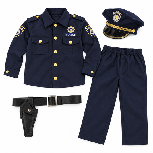 Navy Police Shirt and Trousers Costume Set – Size S (90–110 cm) || طقم زي شرطة كحلي بقميص وبنطال – مقاس S (90–110 سم)