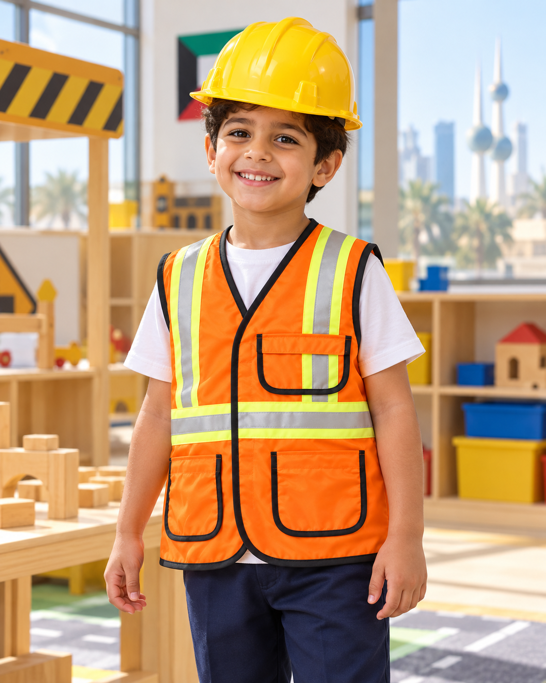 Orange Construction Worker Role-Play Set Kids Costume – Size M || لبس أطفال طقم لعب أدوار عامل البناء البرتقالي – مقاس M