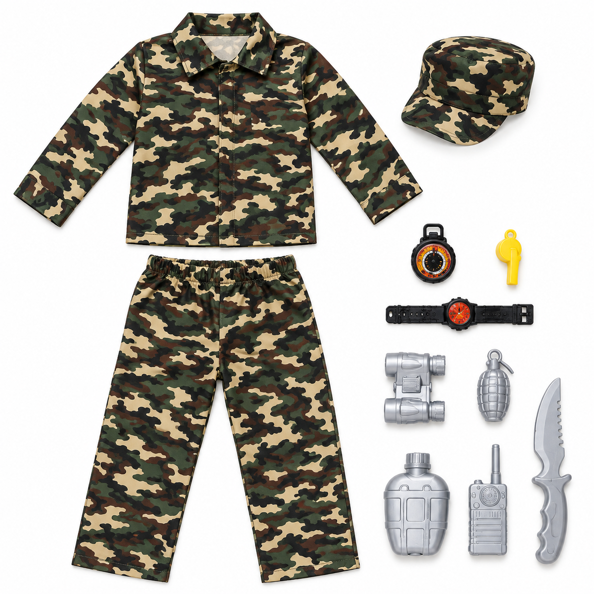 Camouflage Soldier Costume Set with Cap and Toy Accessories – Size S (90–110 cm) || طقم زي جندي مموه مع قبعة وإكسسوارات لعب – مقاس S (90–110 سم)