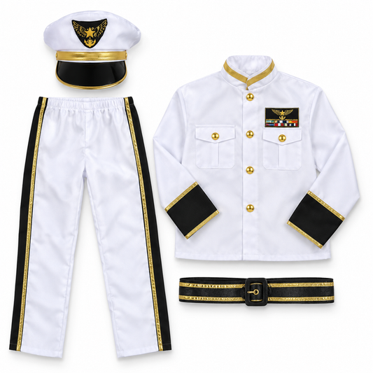 White Naval Captain Costume Set – Size S (90–110 cm) || طقم زي قبطان بحري أبيض – مقاس S (90–110 سم)