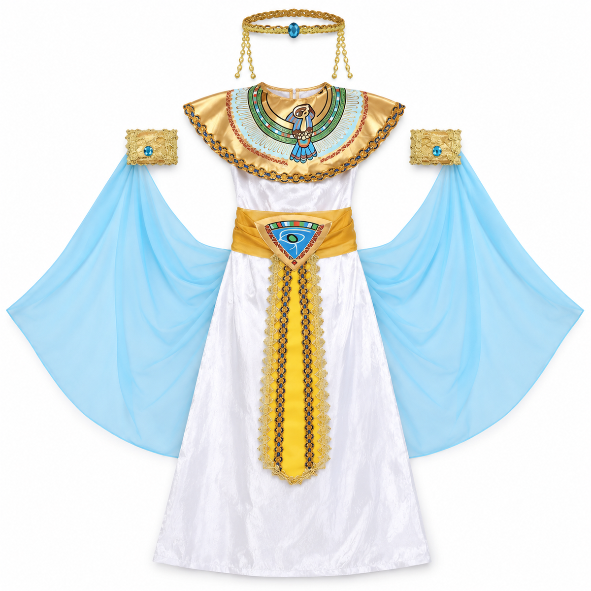 فستان تنكري مصري الطابع بالأبيض والذهبي – مقاس S (100–110 سم)
