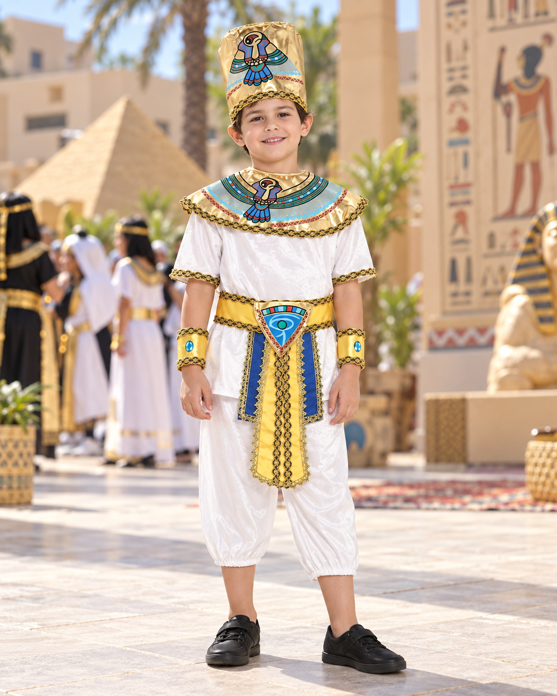 White and Gold Pharaoh Costume Set – Size S (100–110 cm) || طقم زي فرعون بالأبيض والذهبي – مقاس S (100–110 سم)