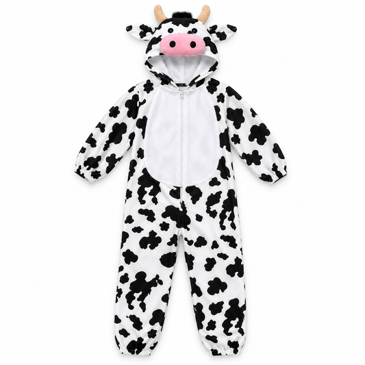 Black and White Dairy Cow Hooded Costume – Size S (100–110 cm) || زي بقرة بالأبيض والأسود بغطاء رأس – مقاس S (100–110 سم)