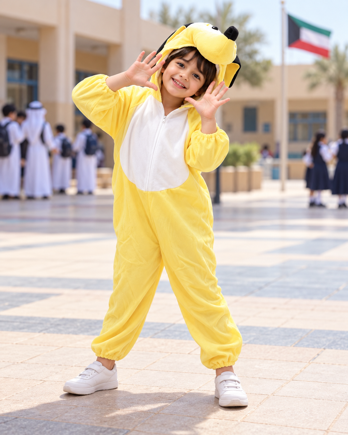Yellow Dog Hooded Costume – Size S (100–110 cm) || زي كلب أصفر بغطاء رأس – مقاس S (100–110 سم)
