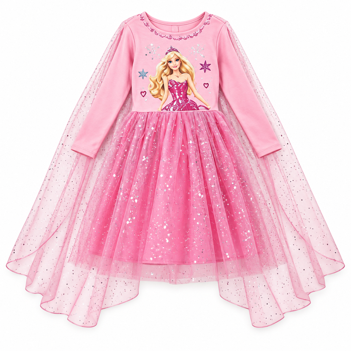 Pink Princess Print Costume Dress with Cape – Size S (100–110 cm) || فستان تنكري وردي بطبعة أميرة وكاب – مقاس S (100–110 سم)