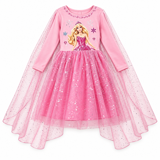 Pink Princess Print Costume Dress with Cape – Size S (100–110 cm) || فستان تنكري وردي بطبعة أميرة وكاب – مقاس S (100–110 سم)