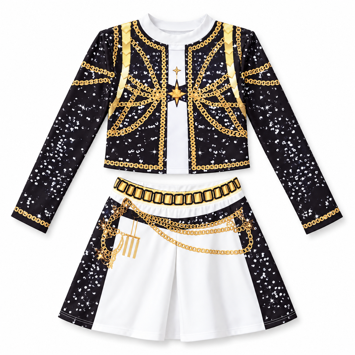 Black and Gold Chain-Print Stage Costume – Size S (110–120 cm) || زي استعراضي أسود وذهبي بطبعة سلاسل – مقاس S (110–120 سم)