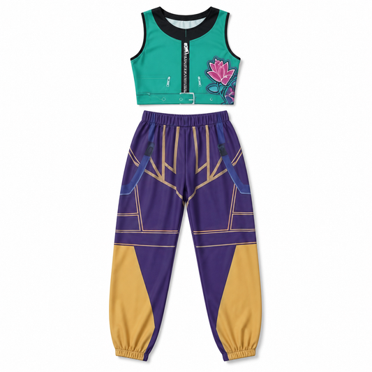 Green Top and Purple Trousers Stage Costume – Size S (110–120 cm) || زي استعراضي بقميص أخضر وبنطال بنفسجي – مقاس S (110–120 سم)