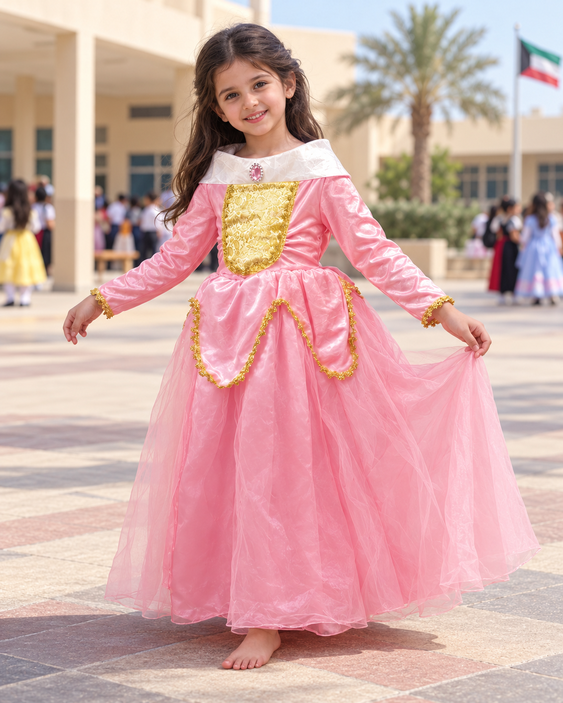Pink and Gold Princess Dress with Cloak – Size S (100–110 cm) || فستان أميرة وردي وذهبي مع كاب – مقاس S (100–110 سم)