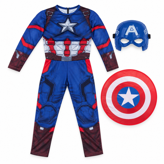 Blue Star Superhero Muscle Costume with Round Shield and Mask || زي بطل خارق عضلي أزرق بنجمة ودرع دائري وقناع — costume product image