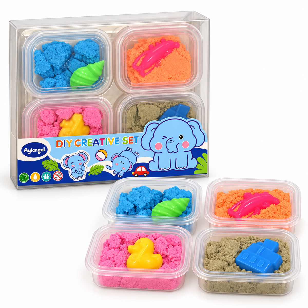 Ayiangel DIY Creative Set 4 Tubs with Moulds – Elephant || مجموعة تشكيل إبداعية Ayiangel من 4 علب مع قوالب – فيل