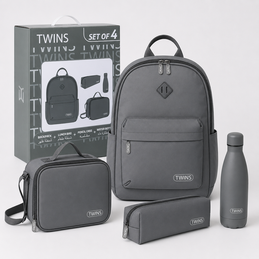 Twins Back To School Set 4 Pcs Backpack + Lunch bag + Pencil Case + Stainless Steel Water Bottle Grey || مجموعة العودة للمدرسة 4 قطع جنطة ظهر و جنطة اكل و مقلمه و مطارة ماء ستيل رمادي