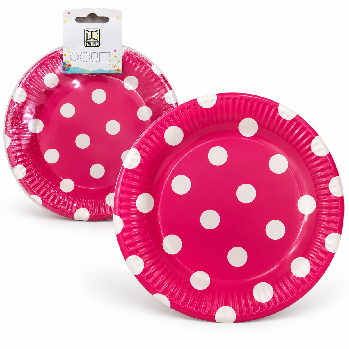 TWINS Hot Pink Polka Dot Party Plates – Large || أطباق حفلات وردية فاقعة بنقاط – كبير