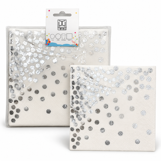Party Paper Napkins White with Silver Dots || مناديل ورقية للحفلات أبيض بنقاط فضية