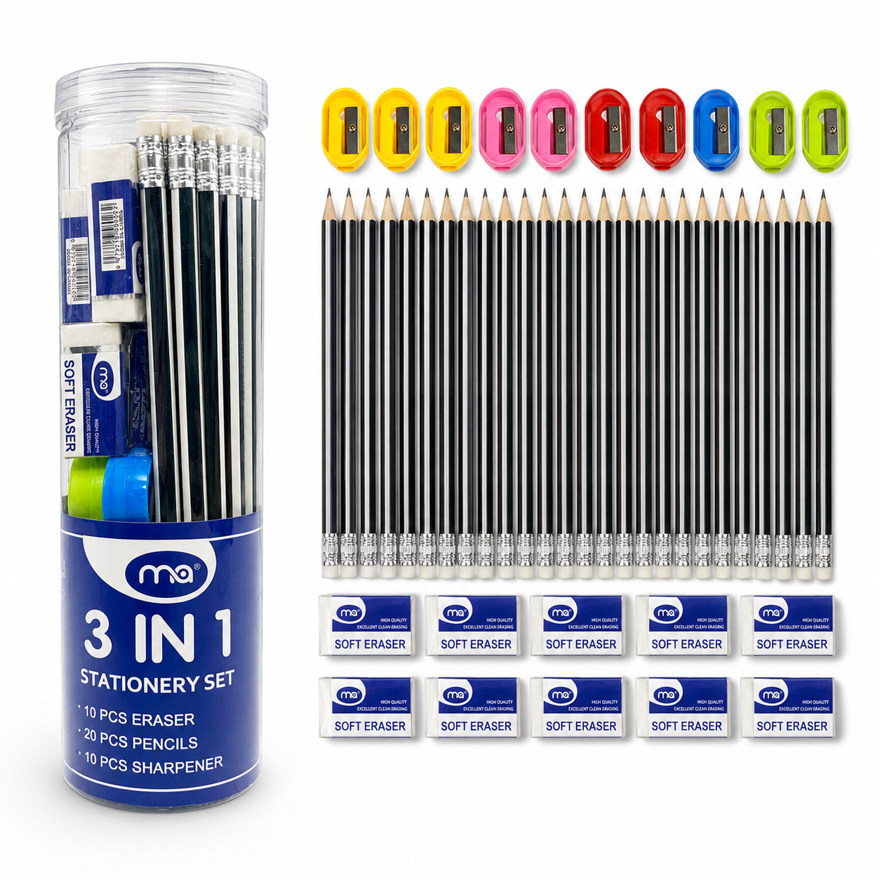A&T Stationery Package 3 in 1 Pencils + Sharpeners + Erasers 40 Pcs #2  || مجموعة قرطاسية أطلس 3 في 1  اقلام رصاص و برايات و محايات 40 قطعة #2