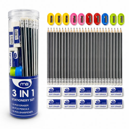 A&T Stationery Package 3 in 1 Pencils + Sharpeners + Erasers 40 Pcs #2  || مجموعة قرطاسية أطلس 3 في 1  اقلام رصاص و برايات و محايات 40 قطعة #2