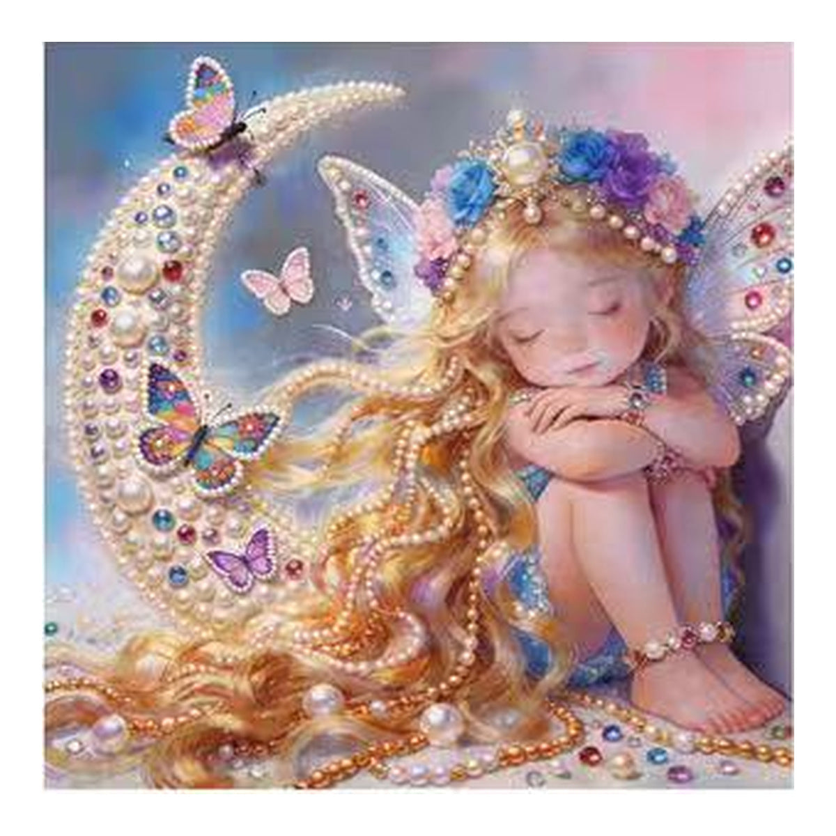 DIY Rhinestone Canvas Activity 30 x 30 cm - Sleeping Fairy || نشاط تزيين كانفاس بالأحجار اللامعة 30 × 30 سم - جنية نائمة - Completed design example