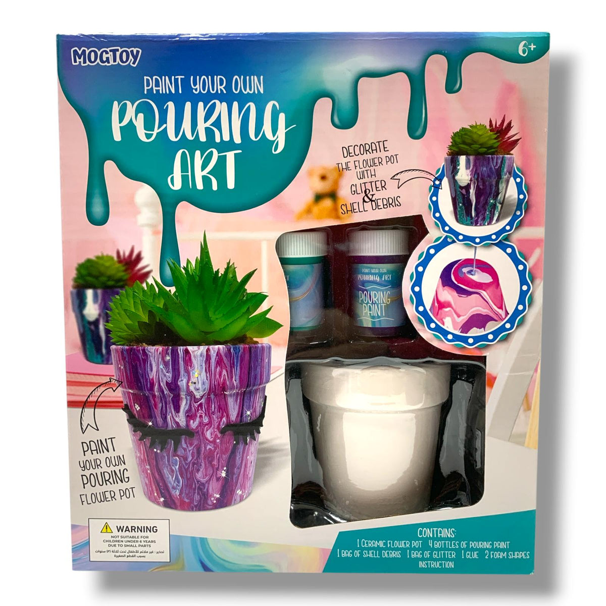 Mogtoy Color Box DIY Paint Your Own Pouring Art-Garden Kit || مجموعة موج توي لتزيين أصيص زرع بألوان السكب