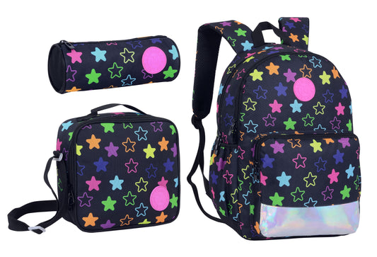 17INCH BACKPACK+LUNCH BAG+PENCIL CASE STARS BLACK TWINS || شنطة ظهر طبي 17 انش نجوم 3 قطع TWINS