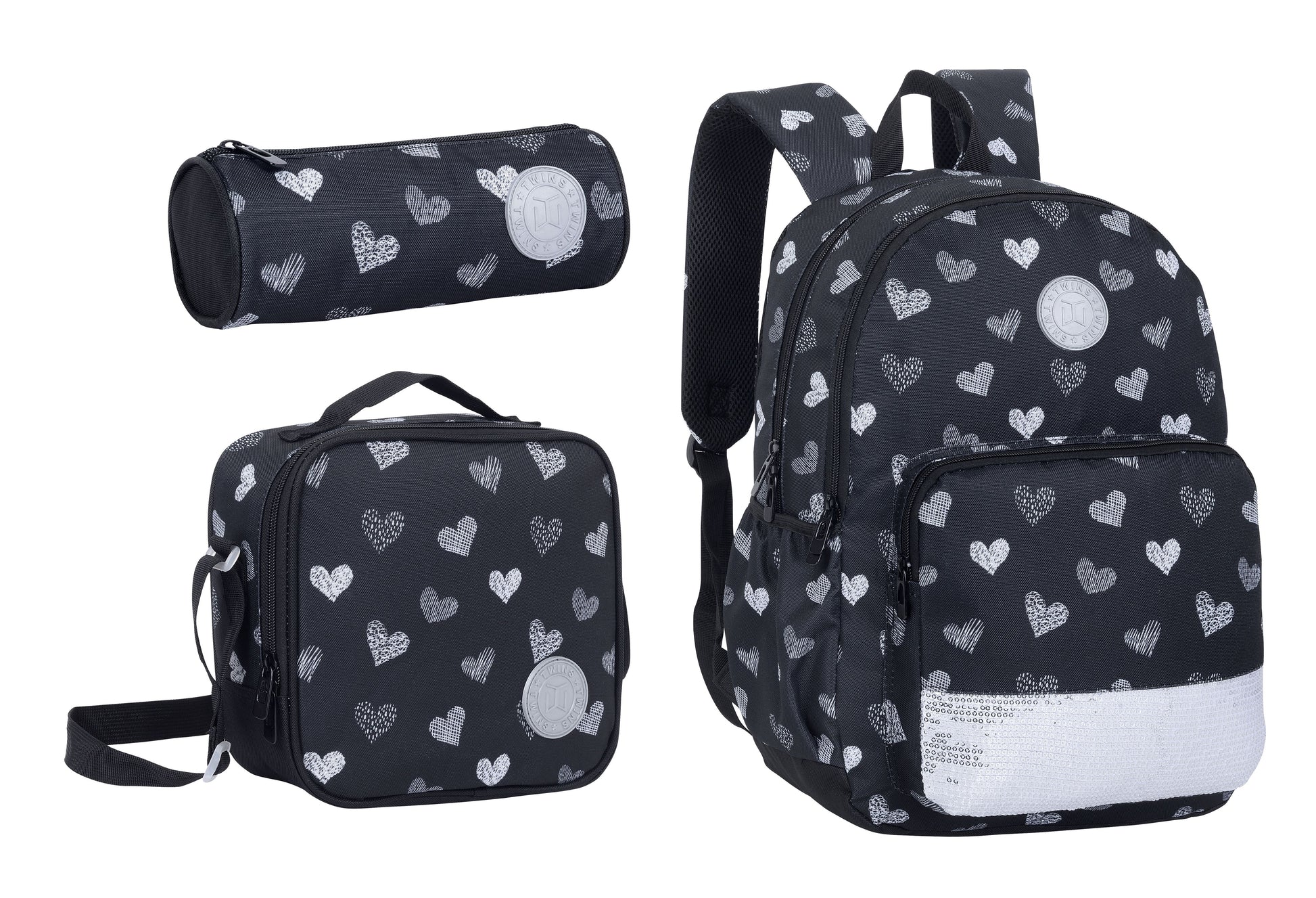 17INCH BACKPACK+LUNCH BAG+PENCIL CASE HEARTS BLACK TWINS || شنطة ظهر طبي 17 انش قلوب 3 قطع TWINS