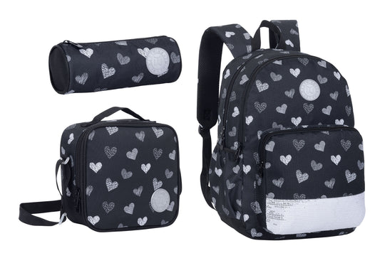 17INCH BACKPACK+LUNCH BAG+PENCIL CASE HEARTS BLACK TWINS || شنطة ظهر طبي 17 انش قلوب 3 قطع TWINS