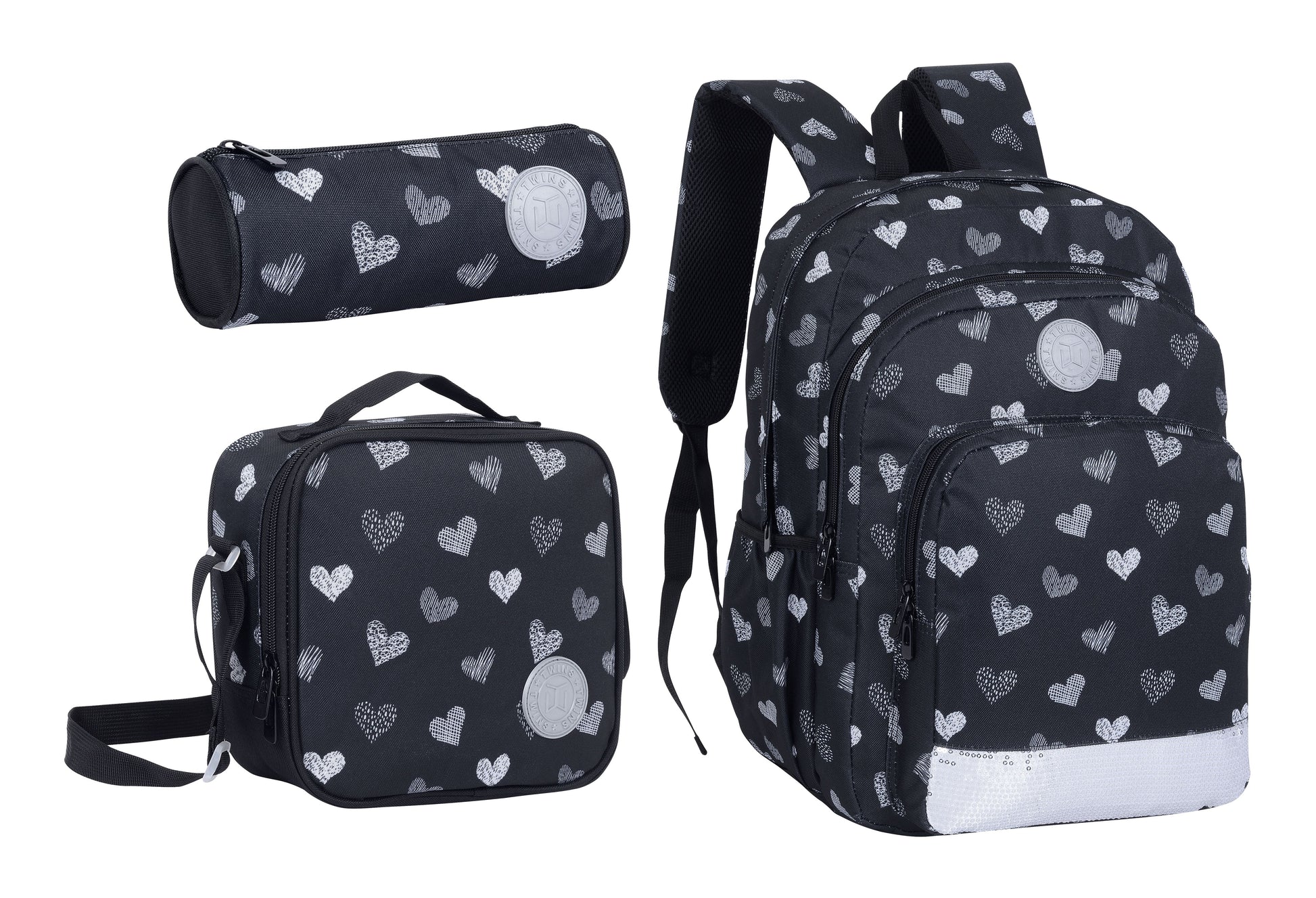 18INCH BACKPACK+LUNCH BAG+PENCIL CASE HEARTS BLACK TWINS || شنطة ظهر طبي 18 انش قلوب 3 قطع TWINS