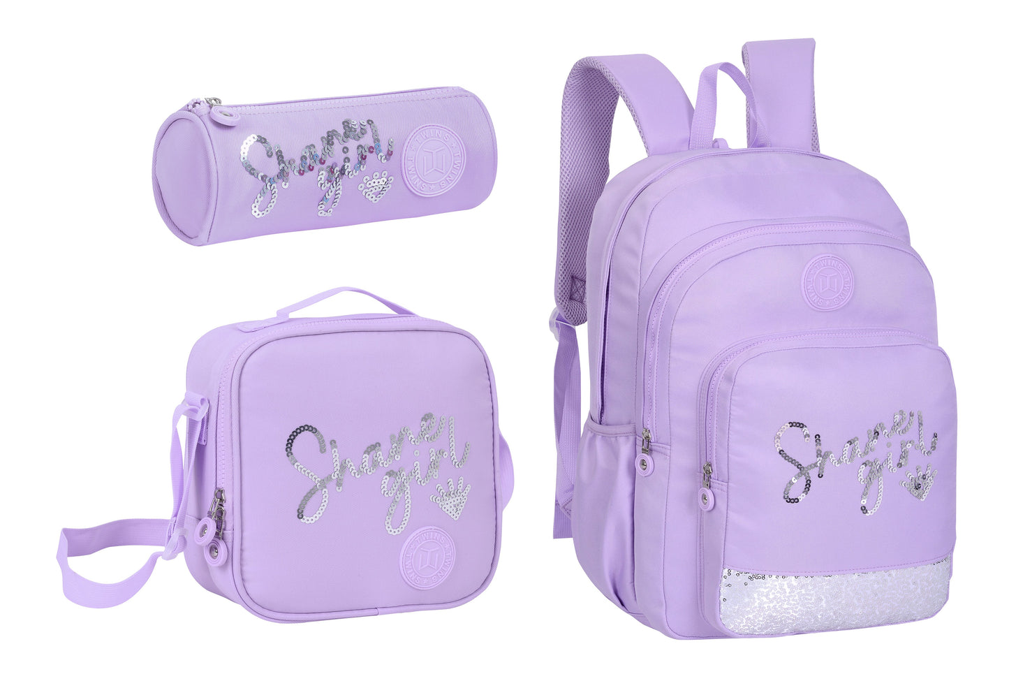 18INCH BACKPACK+LUNCH BAG+PENCIL CASE WRITTING PINK TWINS || شنطة ظهر طبي 18 انش عبارات 3 قطع TWINS