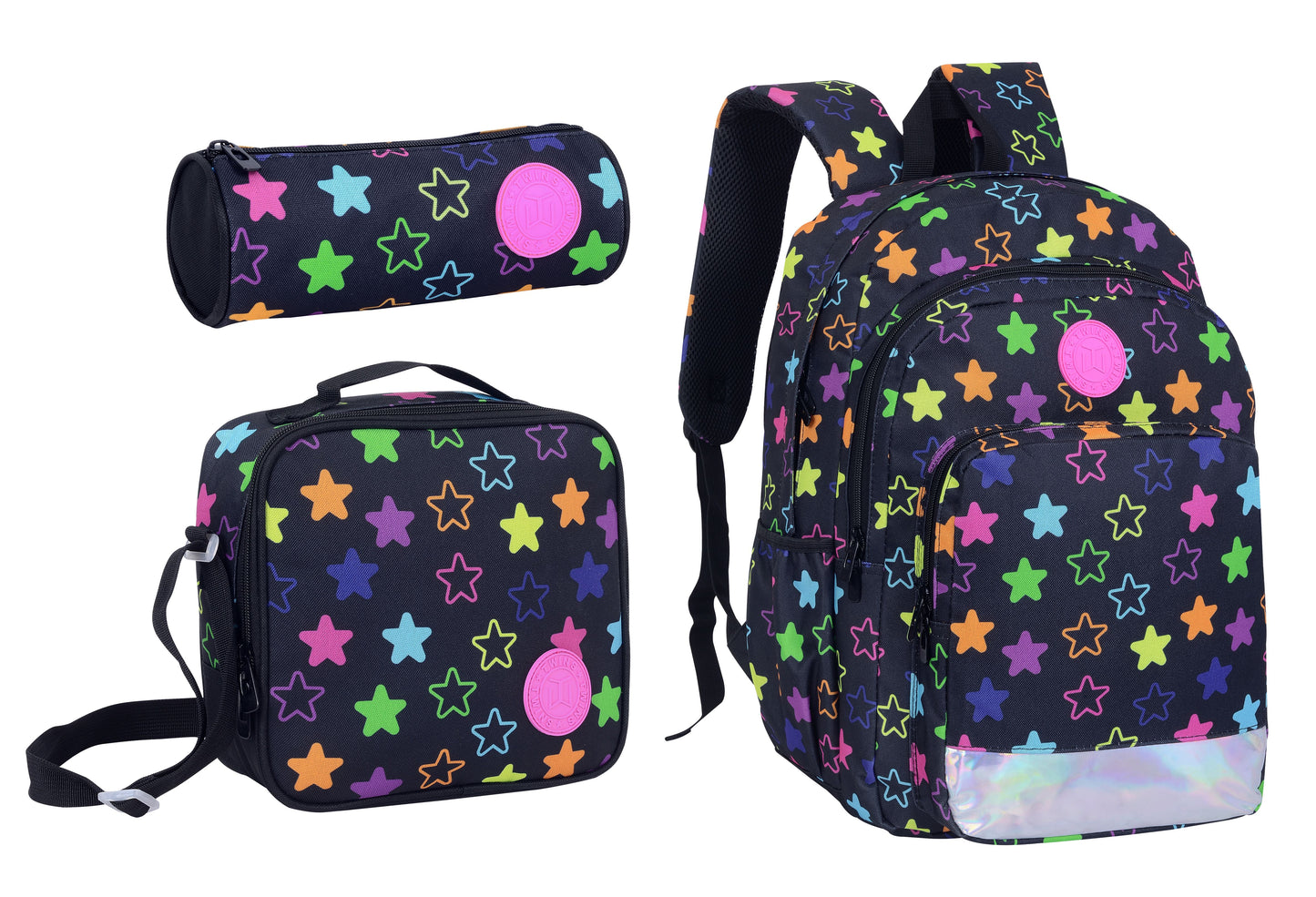 18INCH BACKPACK+LUNCH BAG+PENCIL CASE STARS BLACK TWINS || شنطة ظهر طبي 18 انش نجوم 3 قطع TWINS