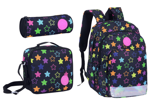18INCH BACKPACK+LUNCH BAG+PENCIL CASE STARS BLACK TWINS || شنطة ظهر طبي 18 انش نجوم 3 قطع TWINS