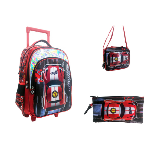 Race Car Back to School Trolley Backpack Set 3 Pcs 16 Inch || مجموعة جنطة ترولي 3سيارة السباق قدم حجم كبير 16 انش