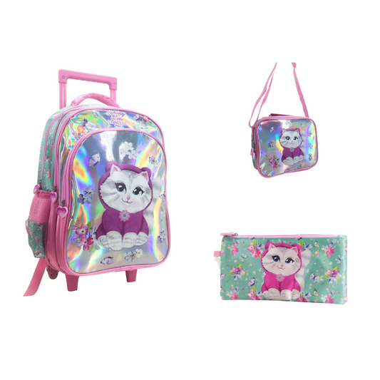 Kitty Cat Back to School Trolley Backpack Set 3 Pcs 16 Inch 	مجموعة جنطة ترولي كتي كات 3 قطع حجم كبير 16 انش