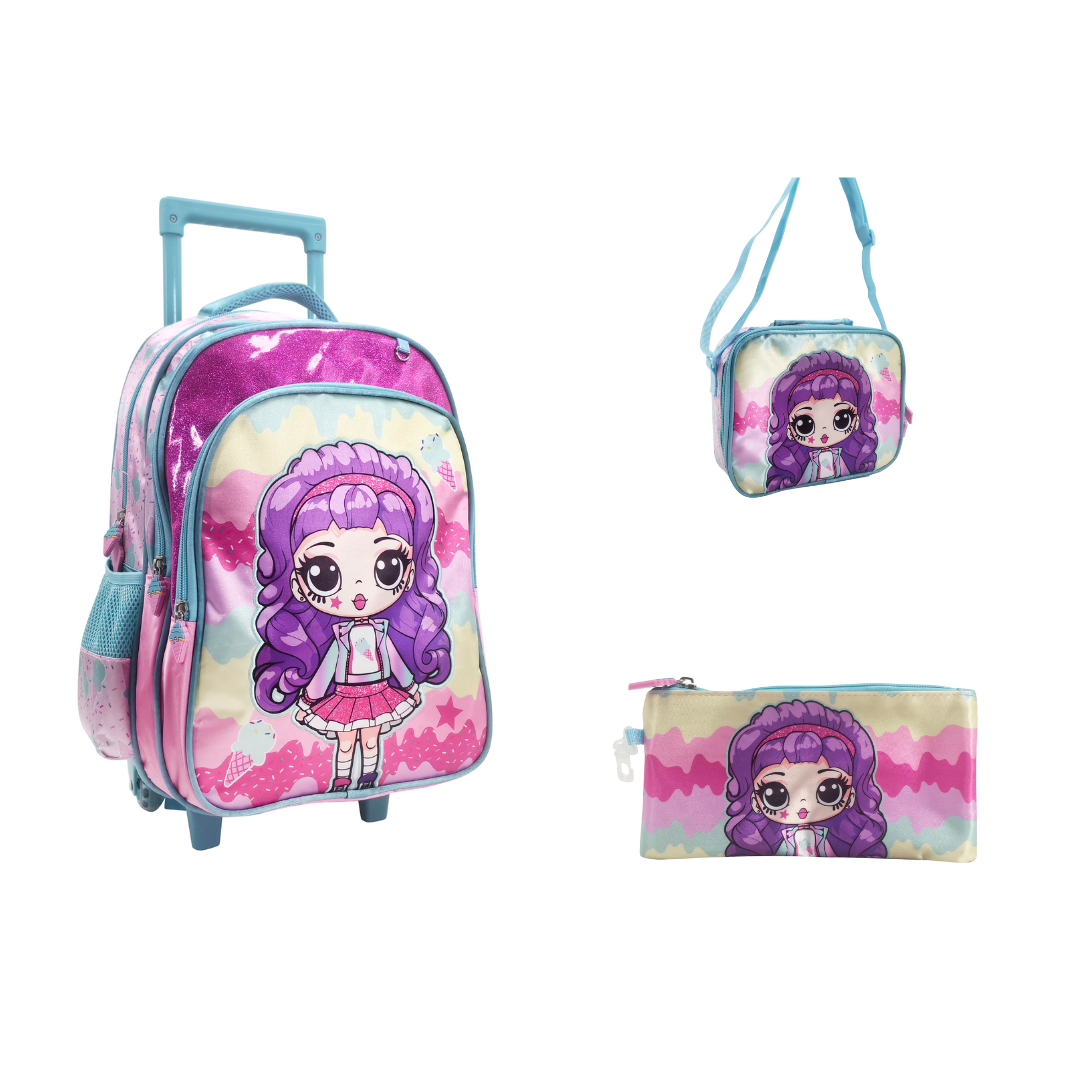 Purple Princess Back to School Trolley Backpack Set 3 Pcs 16 Inch || مجموعة جنطة ترولي الاميرة البنفسجية 3 قطع حجم كبير 16 انش 