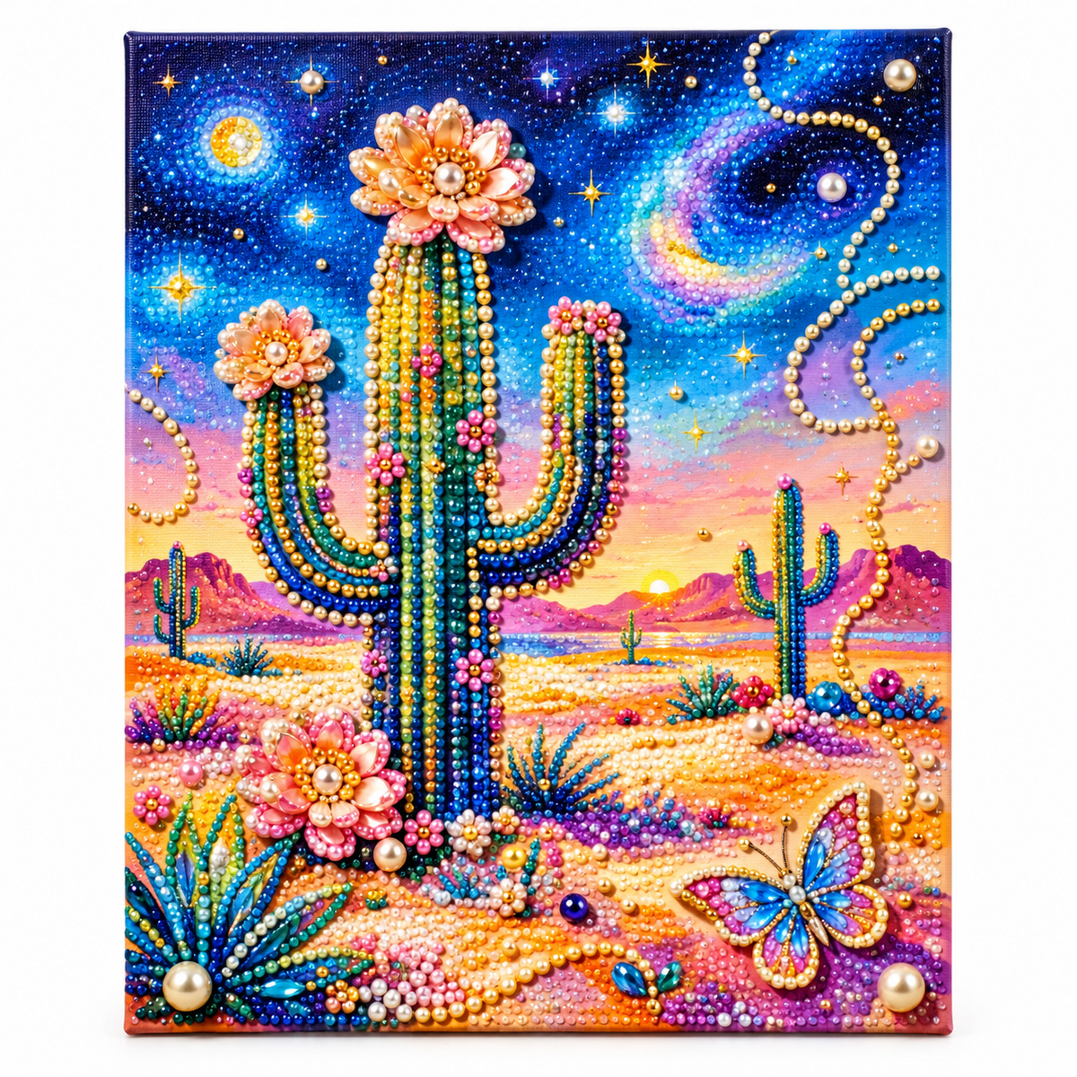 DIY Rhinestone Canvas Activity 30 x 40 cm - Desert Cactus || نشاط تزيين كانفاس بالأحجار اللامعة 30 × 40 سم - صبار الصحراء - Completed design example