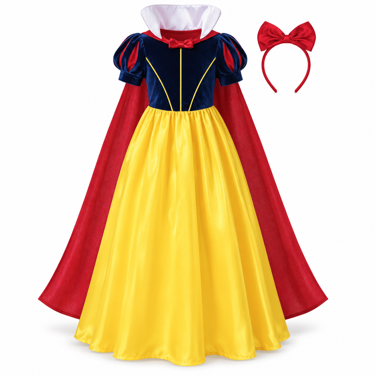 Navy and Yellow Princess Dress with Red Cape – Size M (110–120 cm) || فستان أميرة كحلي وأصفر مع كاب أحمر – مقاس M (110–120 سم)